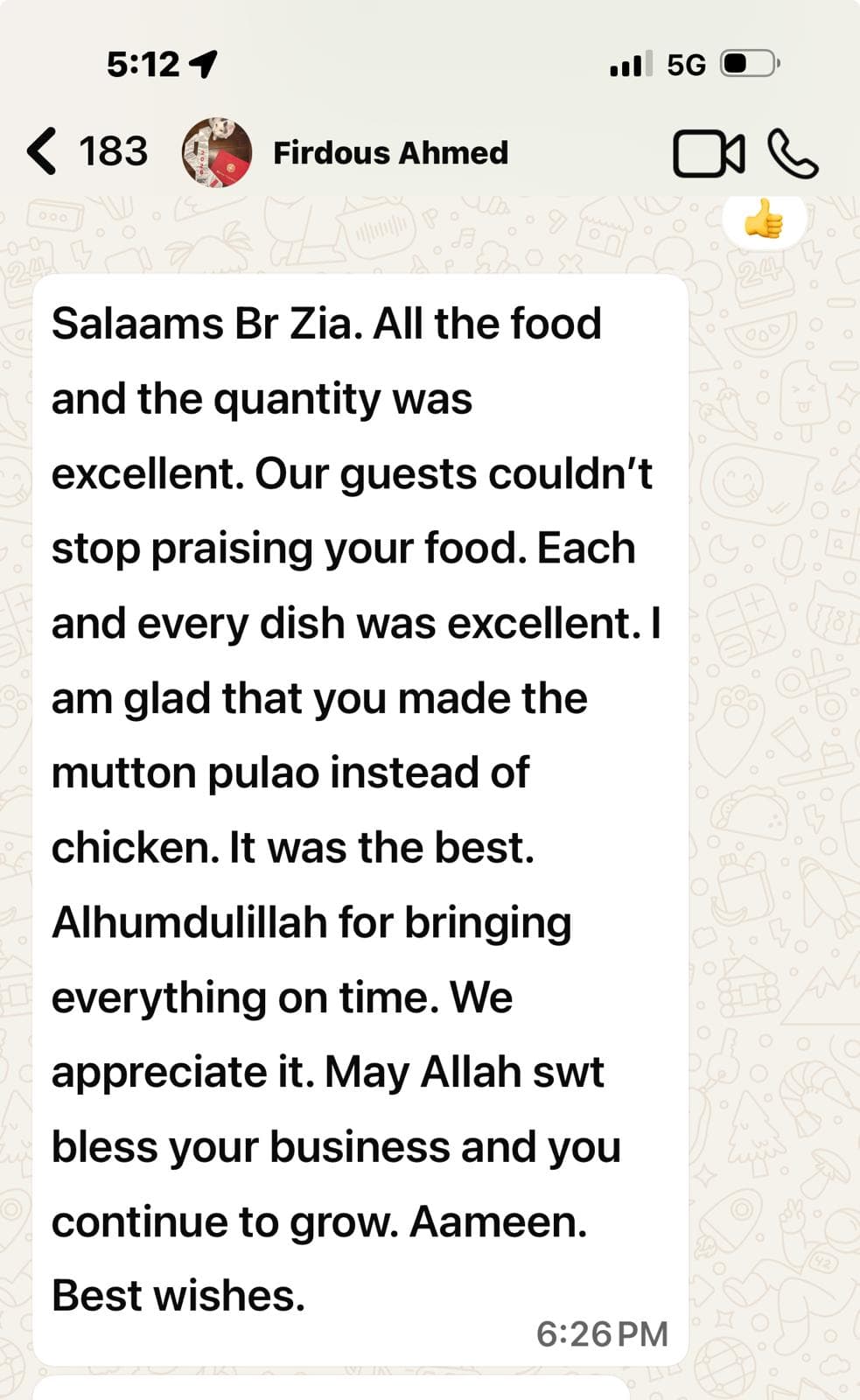 Customer testimonial 1 from WhatsApp